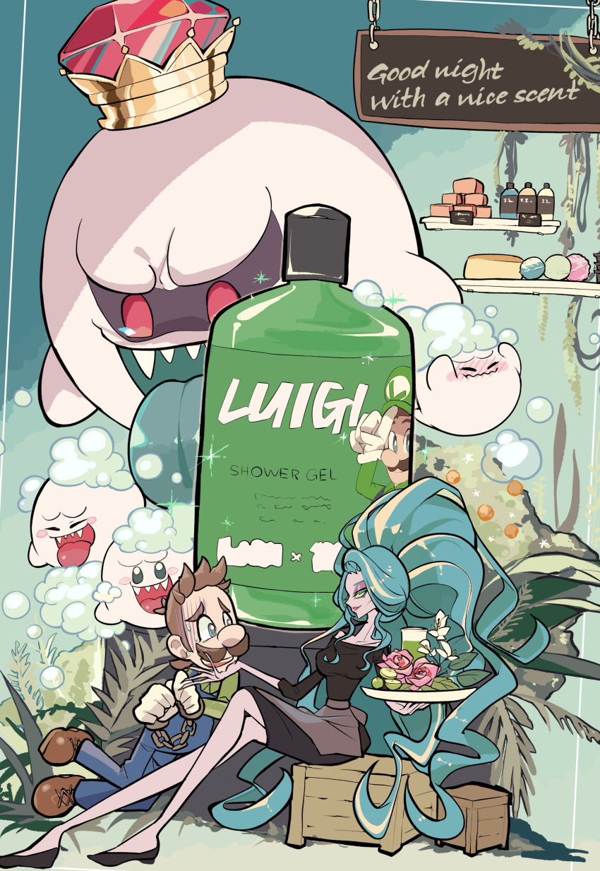 1boy, 1girl, absurdres, alternate_costume, blue_eyes, blue_hair, blush, boo_(mario), bottle, brown_hair, bubble, casual, character_name, contemporary, crown, cuffs, english_text, eyeshadow, facial_hair, fangs, flower, full_body, ghost, gloves, handcuffs, hellen_gravely, highres, king_boo, licker610, long_hair, luigi, luigi's_mansion, luigi's_mansion_3, makeup, mustache, no_headwear, open_mouth, overalls, pink_flower, pink_rose, red_eyes, rose, shampoo, shoes, short_hair, sitting, soap, soap_bubbles, sparkle, super_mario_bros., tongue, tongue_out, very_long_hair, yellow_eyes