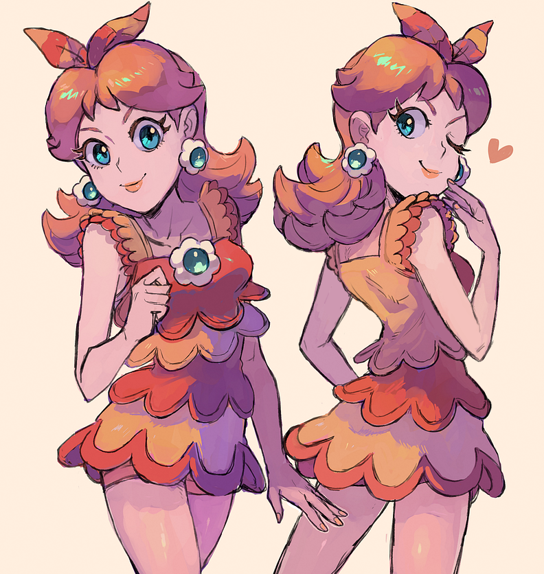1girl, ame999garnet, bare_shoulders, blue_eyes, breasts, brown_hair, dress, earrings, from_side, grin, heart, jewelry, looking_at_viewer, looking_back, mario_kart, mario_kart_tour, multiple_views, official_alternate_costume, one_eye_closed, princess_daisy, princess_daisy_(swimwear), ribbon, simple_background, smile, spoken_heart, standing, super_mario_bros.