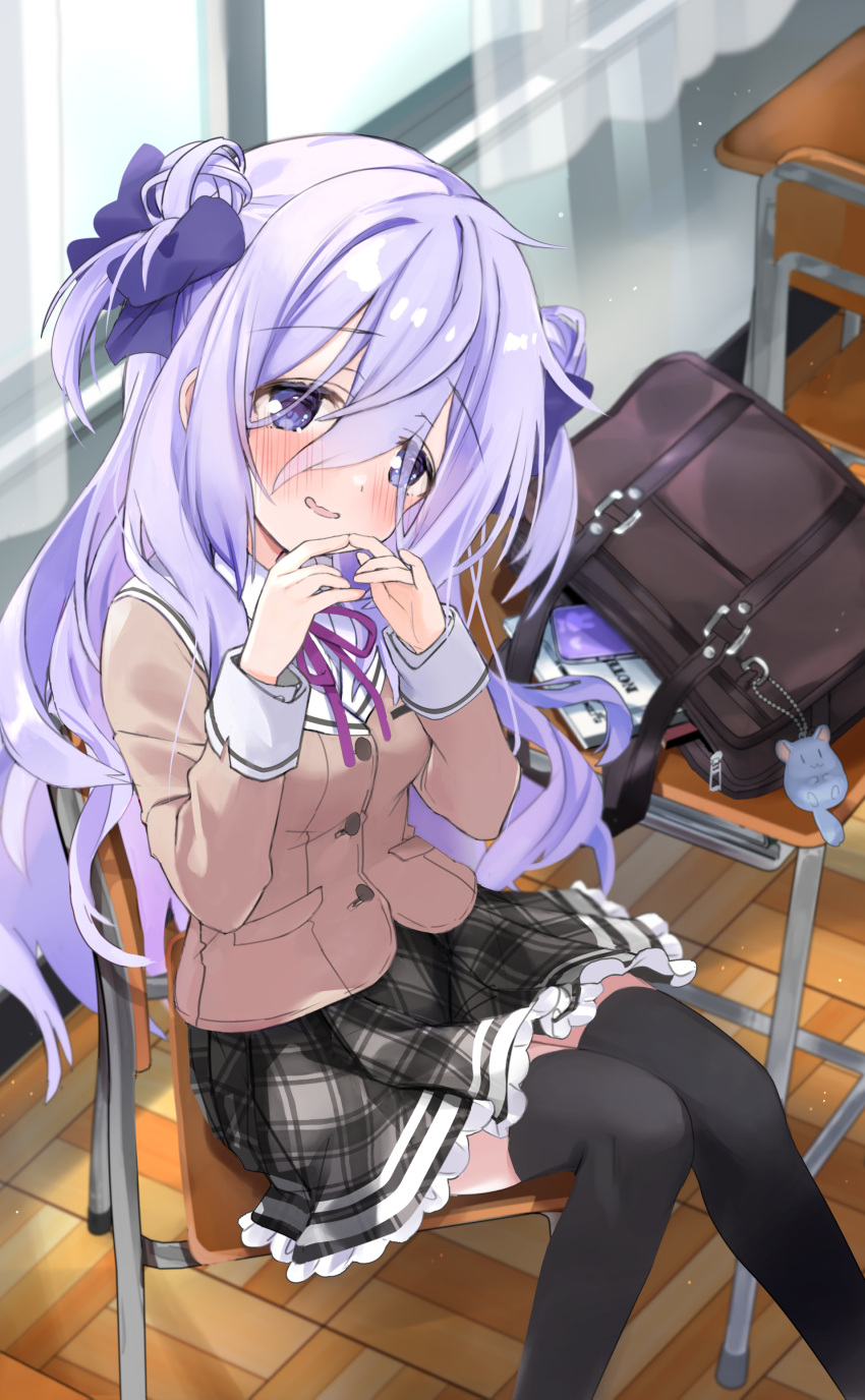 1girl, absurdres, amamiya_shizuku_(hizuki_yayoi), bag, bag_charm, black_thighhighs, blue_bow, blue_eyes