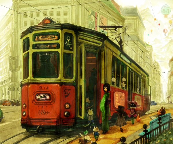 city, cityscape, hot_air_balloon, japanese_clothes, kimihiyo, kimono, scenery, streetcar, tram
