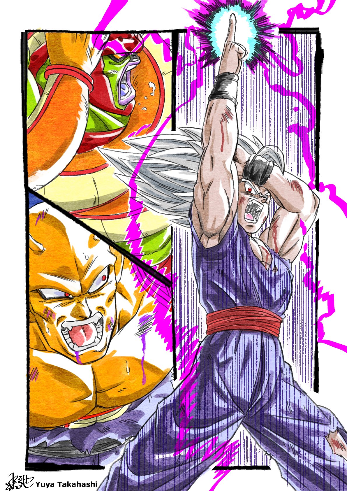 3boys, blood, cell_max, colored_skin, commentary, commentary_request, dragon_ball, dragon_ball_super