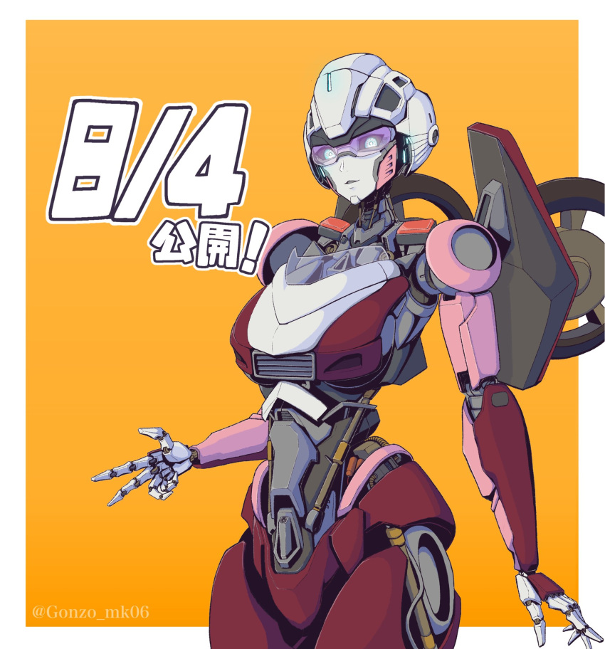 1girl, arcee, autobot, blue_eyes, border, cable, gonzo_mk06, highres, looking_at_viewer, mecha, orange_background, outside_border, parted_lips, piston, purple-tinted_eyewear, robot, solo, sunglasses, tinted_eyewear, transformers, transformers:_rise_of_the_beasts, transformers_(live_action), twitter_username, v, white_border