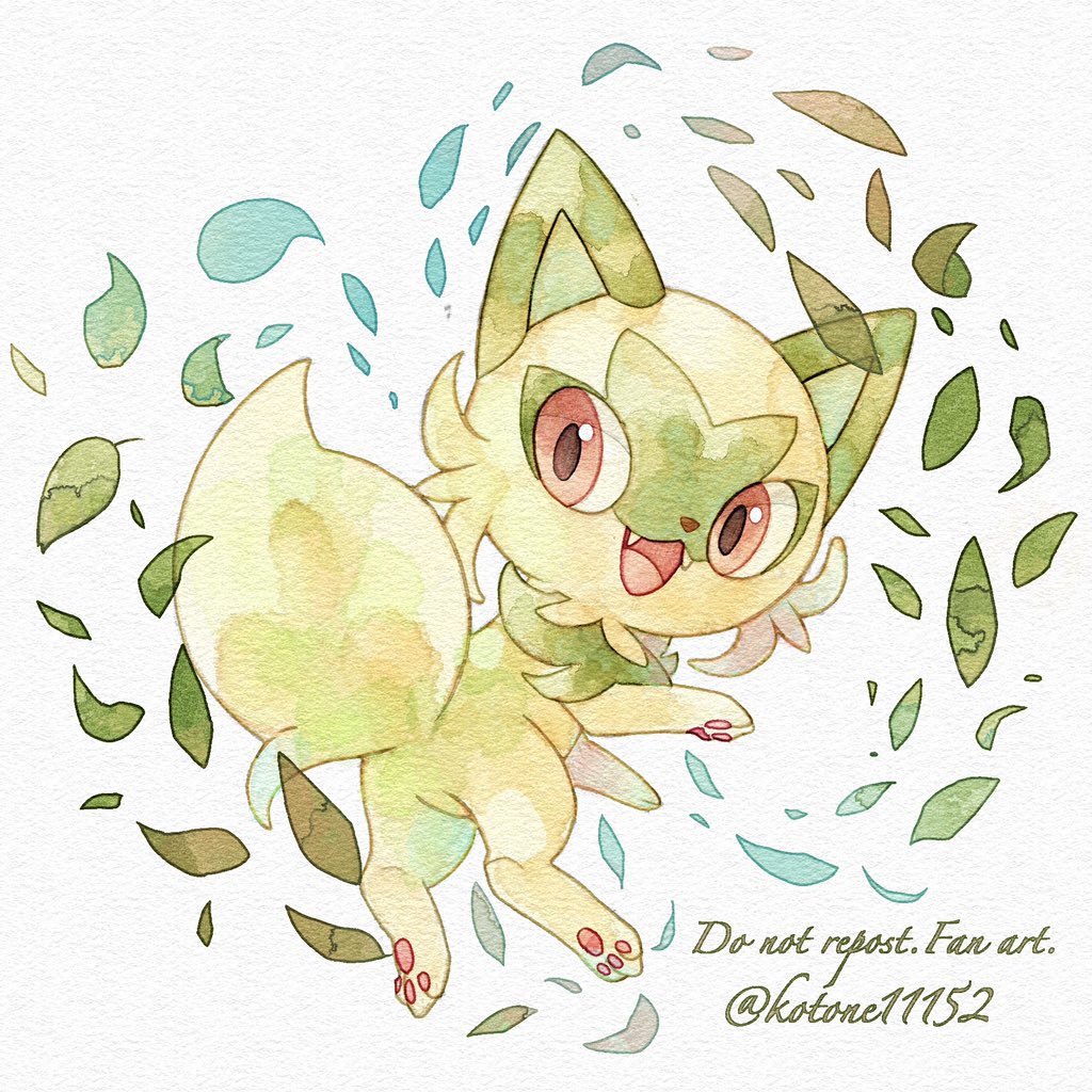 :d, animal_focus, commentary_request, fangs, full_body, kotone11152, no_humans, open_mouth, pokemon, pokemon_(creature), red_eyes, smile, solo, sprigatito, tongue, white_background