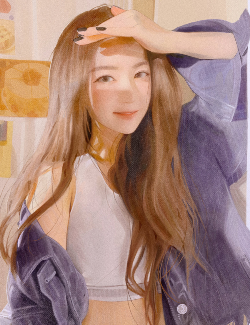 1girl, absurdres, black_eyes, black_nails, blue_jacket, blush, brown_hair, cropped_shirt