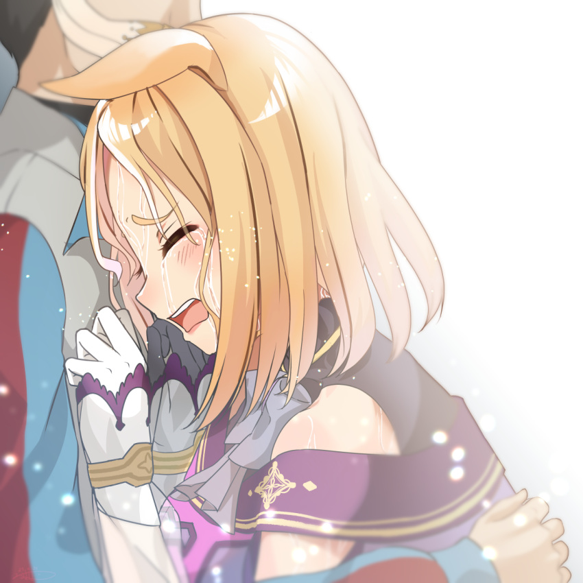 1boy, 1girl, blush, closed_eyes, clothing_cutout, commentary_request, crying, gloves, highres, horse_girl, hug, makiyuki, medium_hair, narita_top_road_(umamusume), okita_trainer, open_mouth, shoulder_cutout, simple_background, solo_focus, sweat, tears, trainer_(umamusume), umamusume, umamusume:_road_to_the_top, white_background