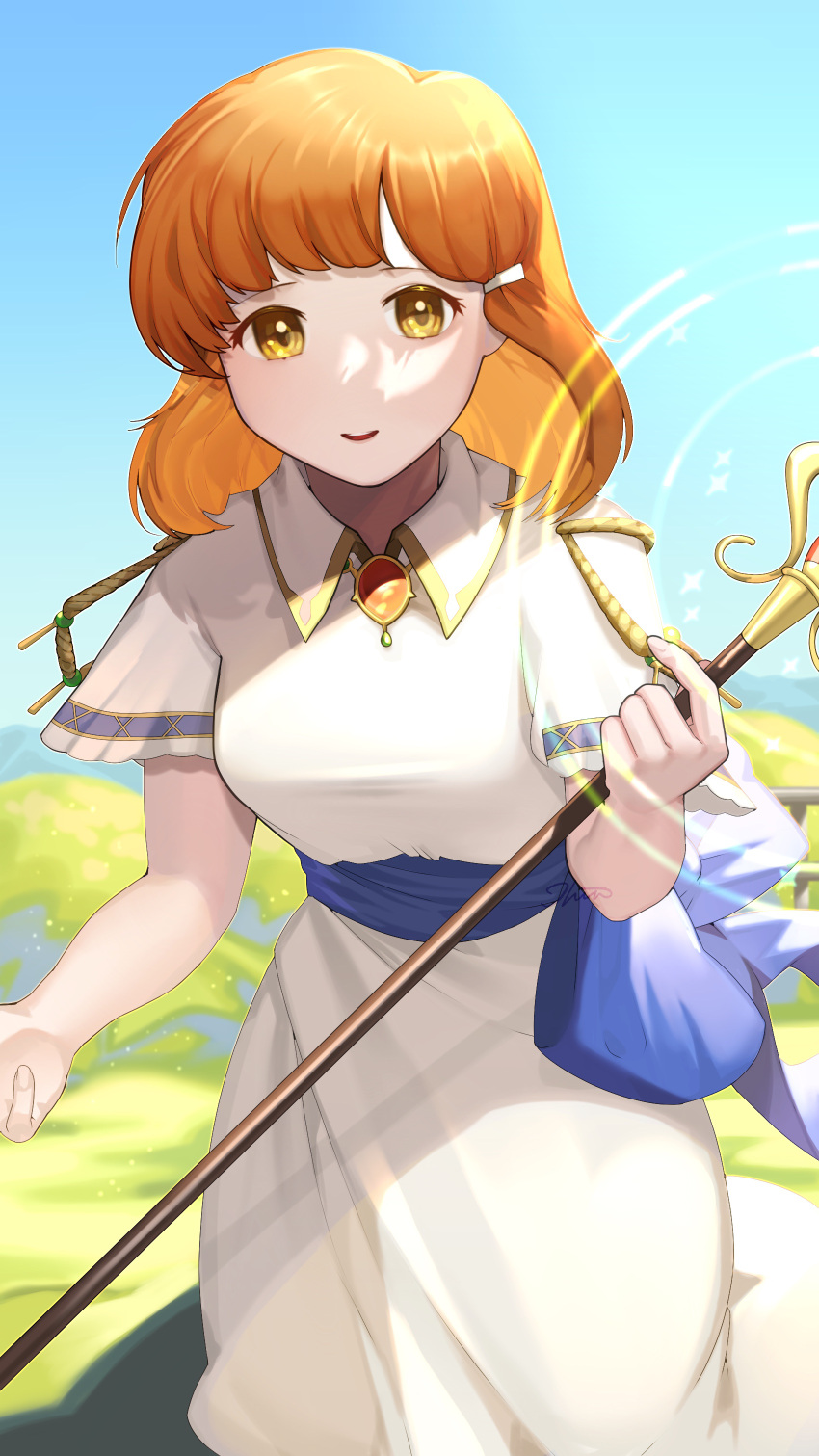1girl, absurdres, blue_sky, cowboy_shot, dress, fire_emblem, fire_emblem:_genealogy_of_the_holy_war, gem
