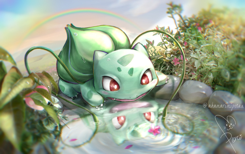 :d, blurry, bright_pupils, bulbasaur, commentary_request, day, depth_of_field, fang, looking_down, no_humans, open_mouth, outdoors, plant, pokemon, pokemon_(creature), rainbow, red_eyes, reflection, ripples, sanomi_pori, signature, smile, solo, vines, water, watermark, white_pupils