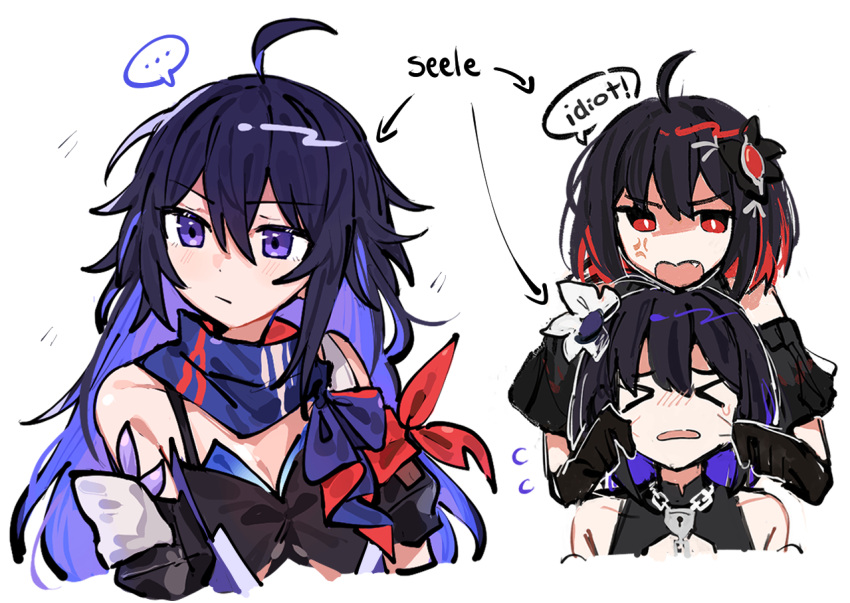 >_<, ..., 3girls, annoyed, arrow_(symbol), bare_shoulders, black_gloves, black_hair, blue_eyes, blue_hair, blue_scarf, blush, breasts, chain, character_name, cheek_pinching, closed_eyes, closed_mouth, dual_persona, emne, english_commentary, flower, girl_on_top, gloves, hair_flower, hair_ornament, honkai:_star_rail, honkai_(series), honkai_impact_3rd, lock, long_hair, looking_at_another, mihoyo, multiple_girls, no_nose, open_mouth, pinching, red_eyes, redhead, scarf, seele_(alter_ego), seele_(honkai:_star_rail), seele_vollerei, seele_vollerei_(stygian_nymph), short_hair, simple_background, small_breasts, upper_body, v-shaped_eyebrows, white_background