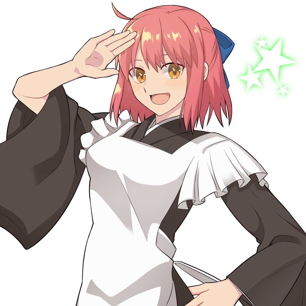 1girl, :d, ahoge, apron, brown_eyes, commentary, hirakawa, kohaku_(tsukihime)
