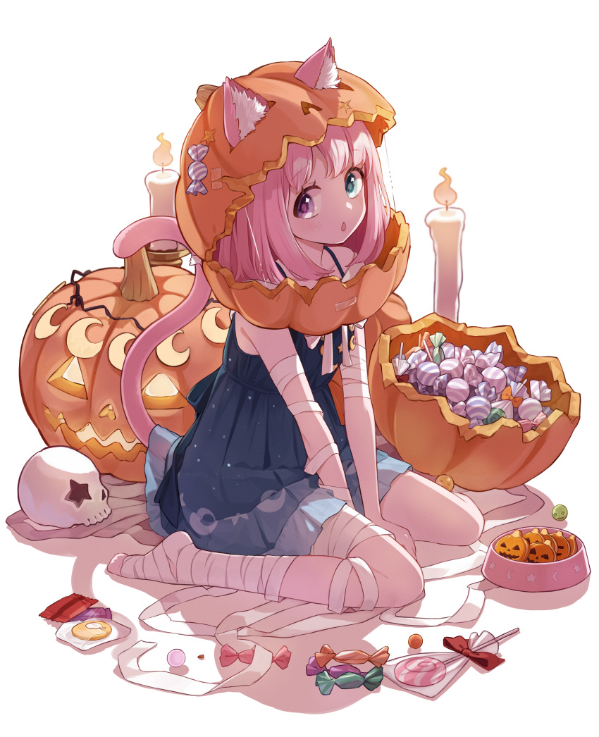 1girl, :o, absurdres, animal_ear_fluff, animal_ears, bandaged_arm, bandaged_leg, bandages, blue_dress, bob_cut, bowl, candle, candy, cat_ears, cat_girl, cat_tail, colored_tips, dress, food, from_side, green_eyes, halloween, heterochromia, highres, himemori_luna, himemori_luna_(3rd_costume), hololive, jack-o'-lantern, jack-o'-lantern_head, lifted_by_tail, looking_at_viewer, medium_hair, multicolored_hair, mummy_costume, no_shoes, official_alternate_hair_length, official_alternate_hairstyle, pet_bowl, pink_hair, pinkusan, pleated_dress, print_dress, short_dress, sideways_glance, sitting, sleeveless, sleeveless_dress, solo, star_(symbol), star_in_eye, symbol_in_eye, tail, tail_raised, violet_eyes, virtual_youtuber, wariza