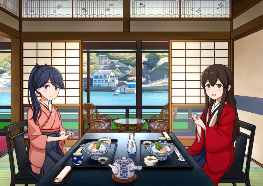 2girls, akagi_(kancolle), alternate_costume, black_hair, black_hakama, blue_eyes, bottle, brown_eyes