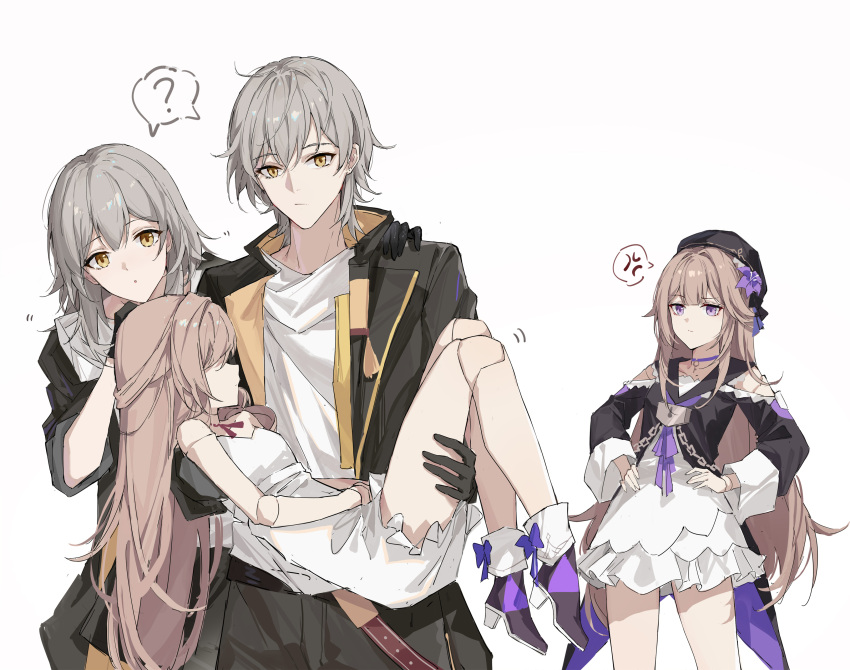 1boy, 2girls, ?, absurdres, anger_vein, bare_legs, brown_hair, carrying