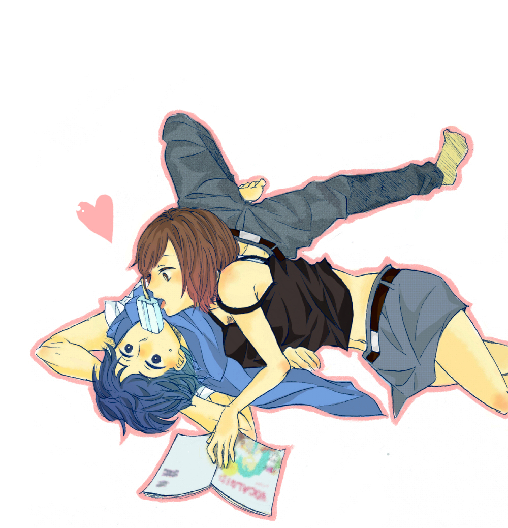 atop, blue_hair, brown_hair, heart, kaito, magazine, meiko, midriff