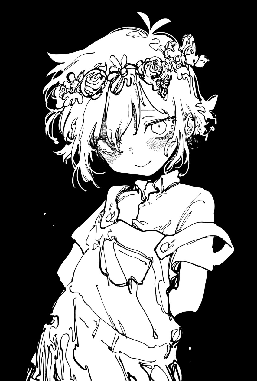 1boy, antenna_hair, basil_(omori), black_background, flower, flower_on_head, highres, llll_nnmn
