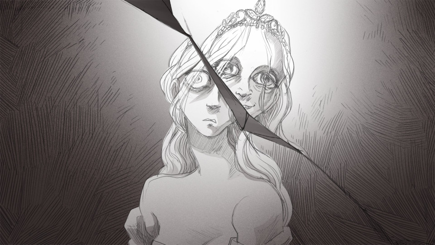 1girl, abby_howard, bare_shoulders, dress, dual_persona, grey_background, greyscale, highres