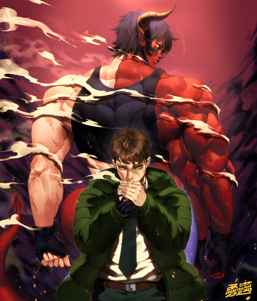 1boy, 1girl, absurdres, colored_skin, demon_girl, demon_horns, demon_tail, extra_arms, extra_pupils, ezma, highres, horns, mismatched_pupils, mismatched_sclera, multicolored_skin, multiple_scars, muscular, muscular_female, original, red_scales, red_tail, scar, scar_on_back, scar_on_face, spunkyramaz, tail, tall_female