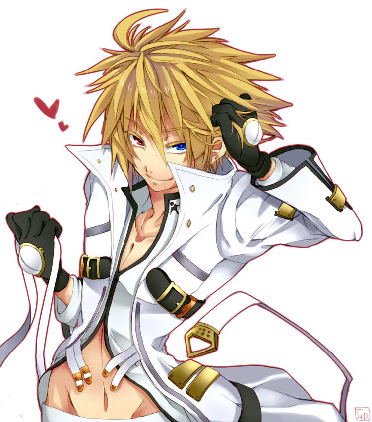 alternate_color, blazblue, blonde_hair, heterochromia, male, navel, ragna_the_bloodedge, ribbon, short_hair, smile, solo, udukinoko, uzukinoko