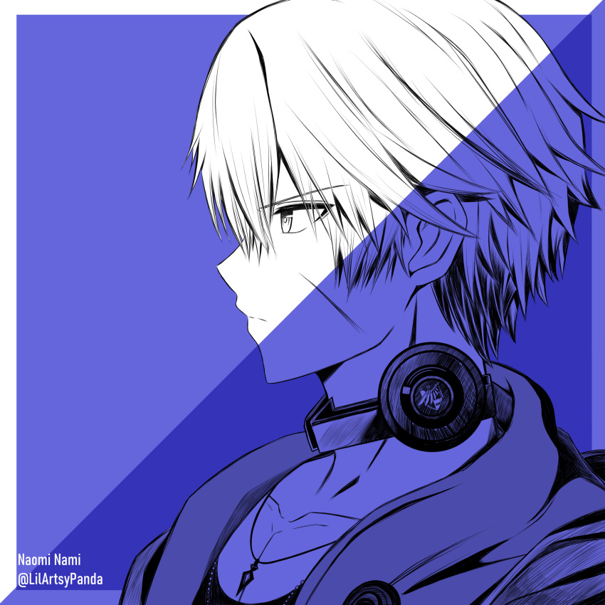 1boy, blue_background, blue_theme, collar, from_side, hair_between_eyes, headphones, headphones_around_neck