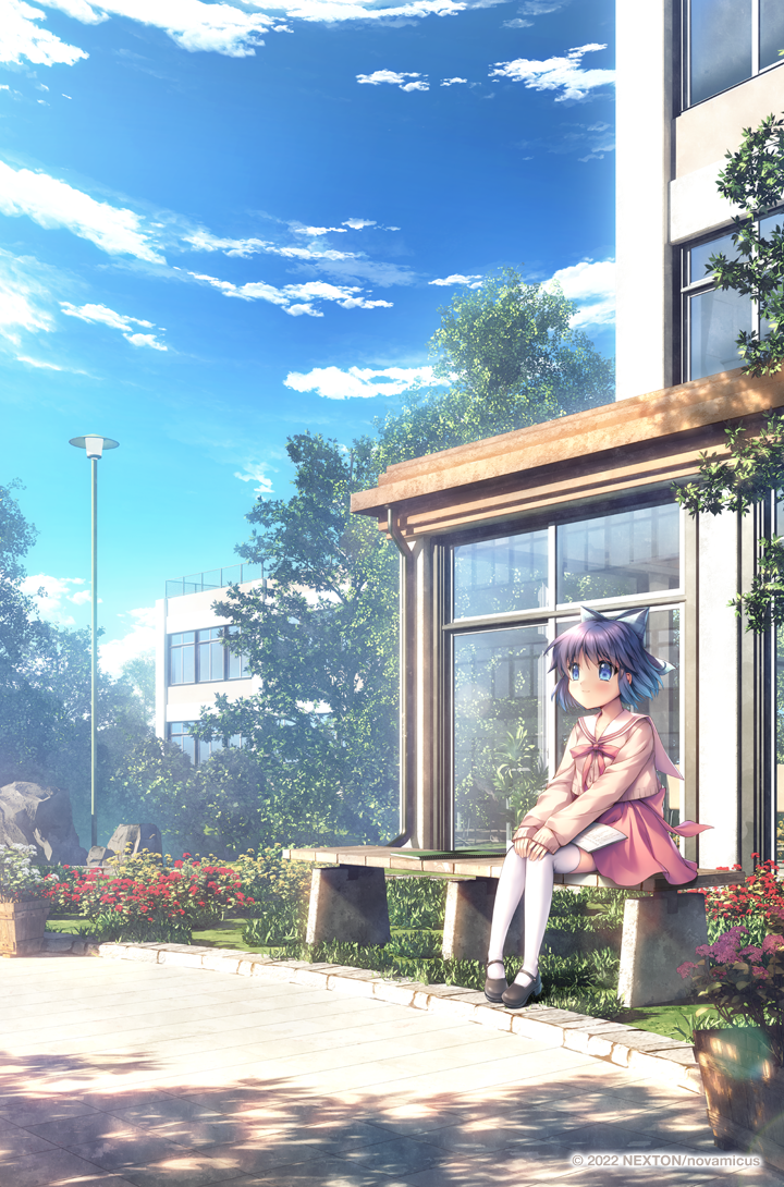 1girl, bench, black_footwear, blue_eyes, blue_hair, blush, book, bow