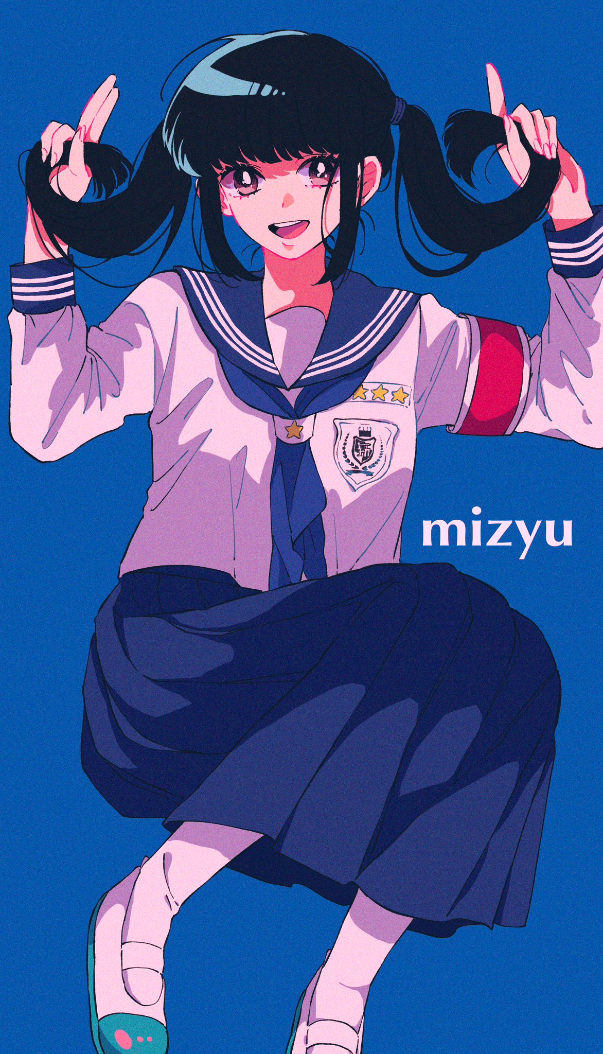 1girl, animification, atarashii_gakko!, black_hair, blue_background, blue_neckerchief, blue_sailor_collar, blue_skirt, brown_hair, commentary_request, highres, mizyu_(atarashii_gakko), neckerchief, open_mouth, pleated_skirt, real_life, rumic_0620, sailor_collar, school_uniform, shirt, simple_background, skirt, solo, star_(symbol), twintails, white_footwear, white_shirt