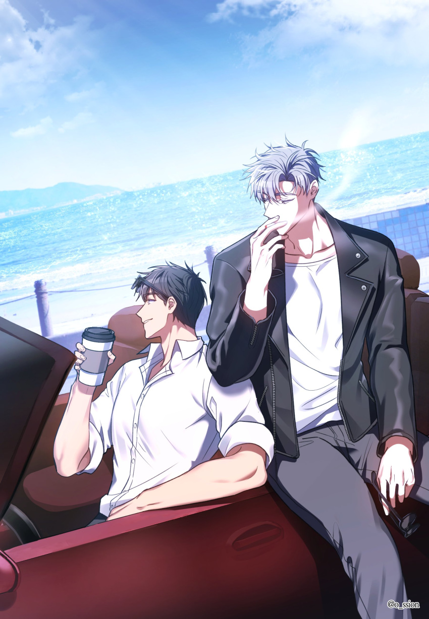 2boys, absurdres, black_jacket, brown_hair, car, clouds, collared_shirt, commentary_request