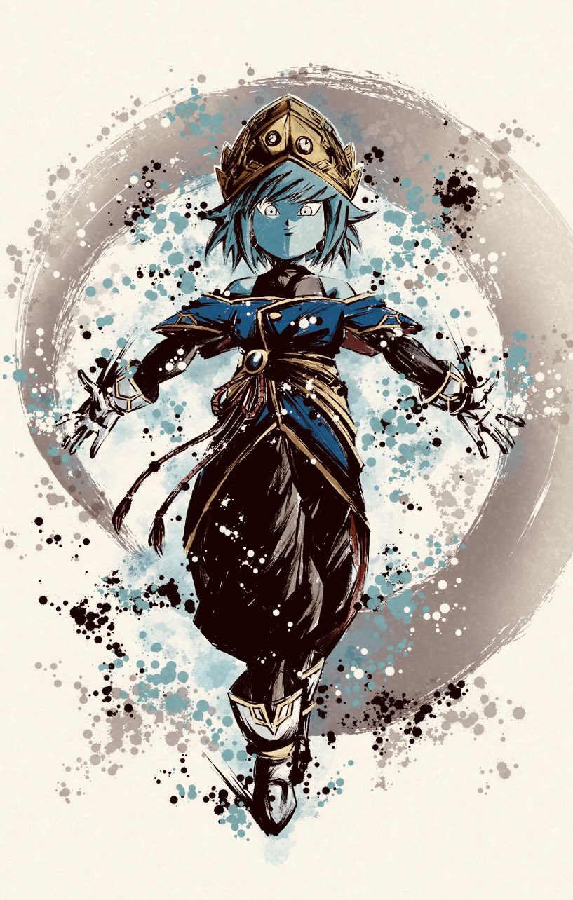1girl, aeos_(dragon_ball), baggy_pants, bare_shoulders, blue_eyes, blue_hair, blue_skin, boots
