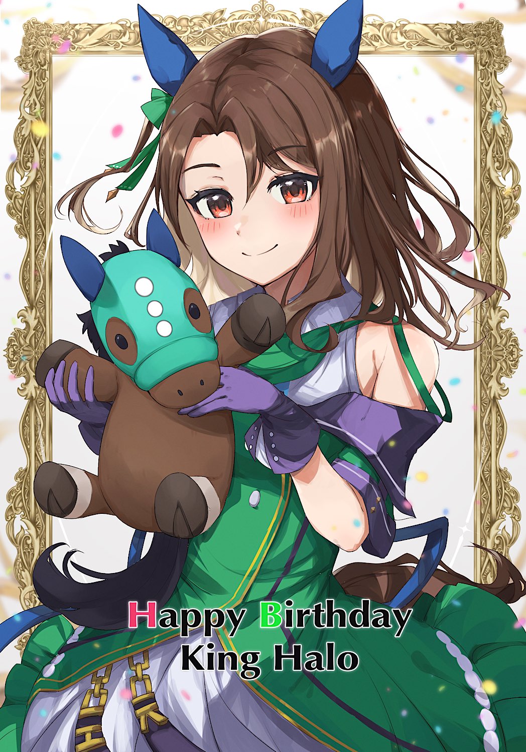1girl, animal_ears, birthday, blush, bow, brown_hair, buttons, character_name