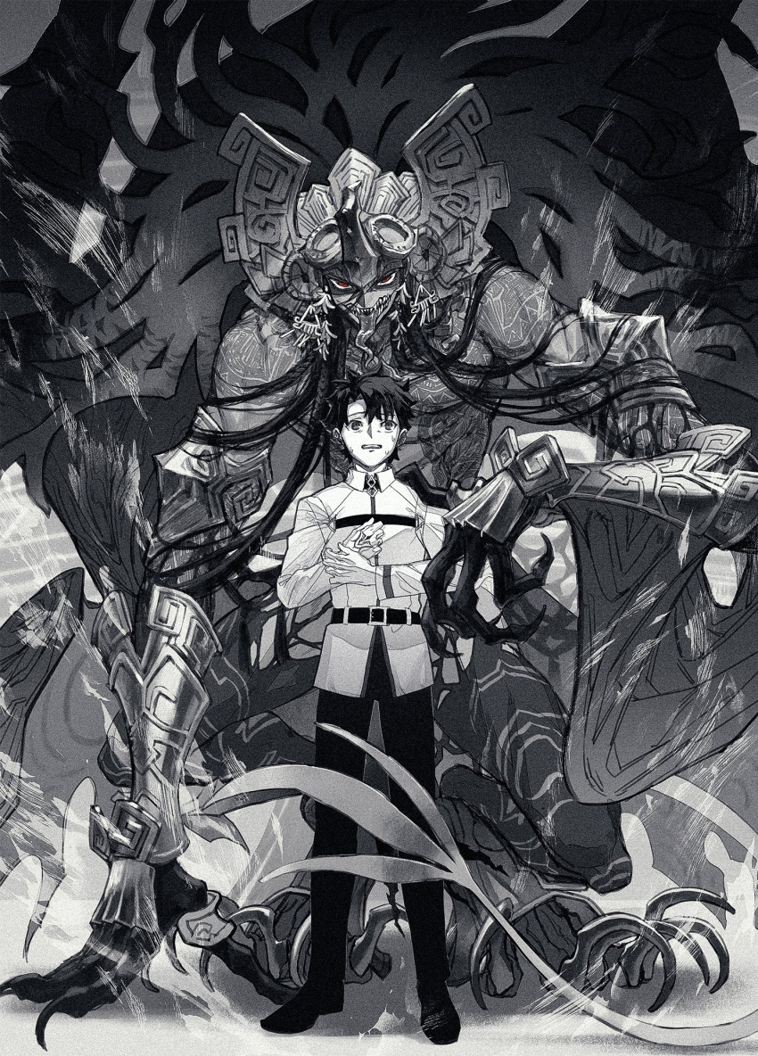 2boys, animal_feet, bat_wings, black_hair, braid, camazotz_(fate), chaldea_uniform, claws, command_spell, dark-skinned_male, dark_skin, digitigrade, fate/grand_order, fate_(series), fujimaru_ritsuka_(male), full-body_tattoo, greyscale, hand_on_ground, headpiece, highres, long_arms, long_hair, long_sleeves, looking_at_viewer, male_focus, mameo_kun, maya_(culture), monochrome, monster_boy, multiple_boys, multiple_braids, sharp_teeth, short_hair, size_difference, squatting, tattoo, teeth, topless, topless_male, wings