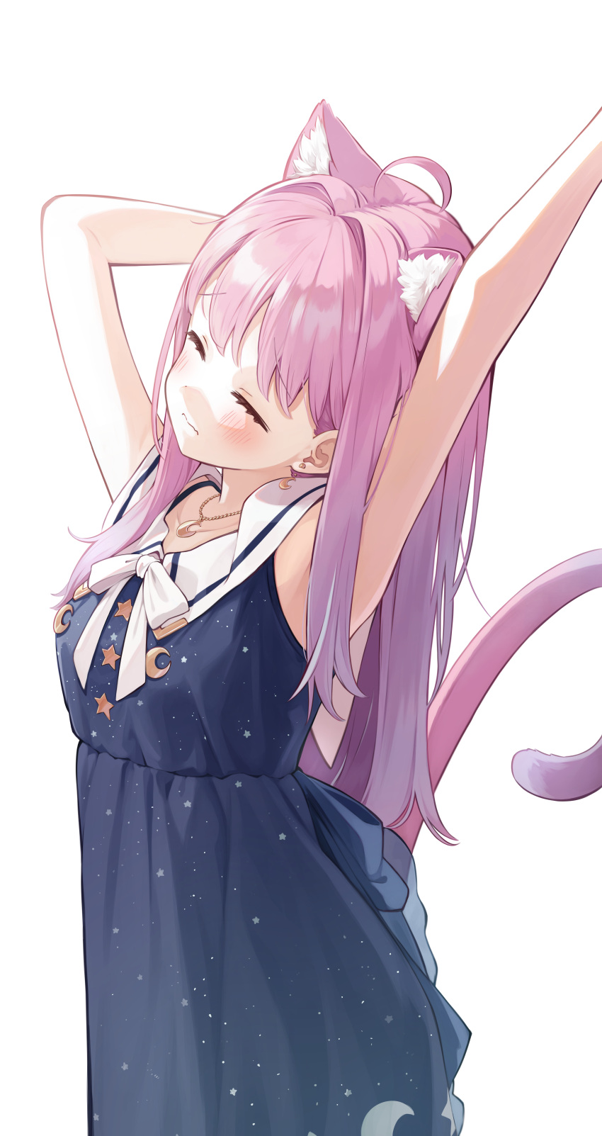 1girl, absurdres, animal_ear_fluff, animal_ears, arm_up, blue_dress, bow, bowtie, cat_ears, cat_girl, cat_tail, closed_eyes, dress, gradient_hair, hair_down, highres, himemori_luna, himemori_luna_(3rd_costume), hololive, long_hair, multicolored_hair, official_alternate_costume, pink_hair, pinkusan, purple_hair, sailor_collar, sailor_dress, simple_background, sleeveless, solo, stretching, tail, virtual_youtuber, white_background, white_bow, white_bowtie, white_sailor_collar