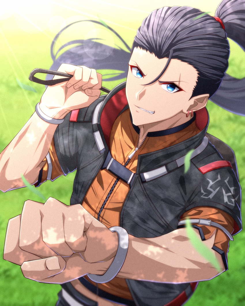 1boy, black_hair, black_jacket, blue_eyes, clenched_hands, earrings, highres, jacket, jewelry, long_hair, male_focus, matthew_(xenoblade), mebi_il, orange_jacket, ponytail, scar, scar_across_eye, xenoblade_chronicles_(series), xenoblade_chronicles_3, xenoblade_chronicles_3:_future_redeemed