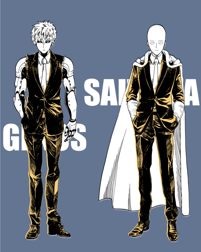 2boys, absurdres, bald, cape, character_name, colored_sclera, commentary_request, cyborg