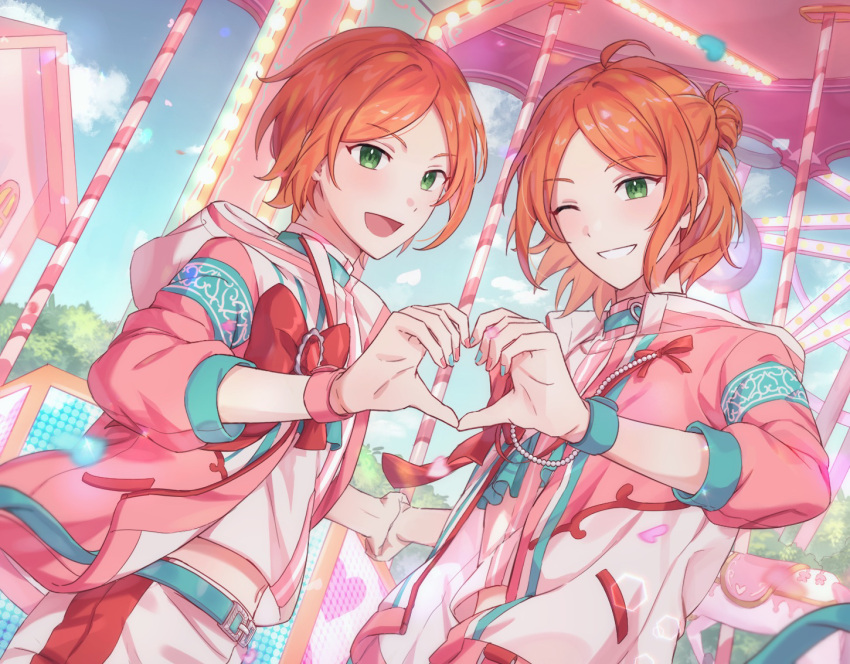 2boys, 2wink_(ensemble_stars!), ahoge, aoi_hinata, aoi_yuta, aqua_wristband, belt, bishounen, brothers, ensemble_stars!, green_eyes, heart, heart_hands, holding_hands, hood, hoodie, jacket, looking_at_viewer, male_focus, midriff, multiple_boys, nail_polish, navel, one_eye_closed, open_mouth, orange_hair, pink_jacket, pink_wristband, siblings, sky, smile, twins, wldms5172