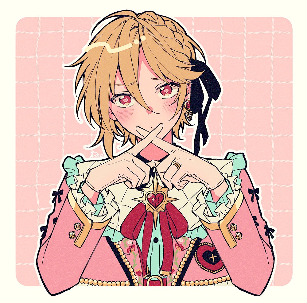 1boy, black_ribbon, blonde_hair, blush, buttons, commentary, earrings, ensemble_stars!, frills, gloves, hair_ribbon, heart, jewelry, long_sleeves, male_focus, mcopoon, nito_nazuna, red_eyes, ribbon, ring, short_hair, single_earring, solo, white_gloves