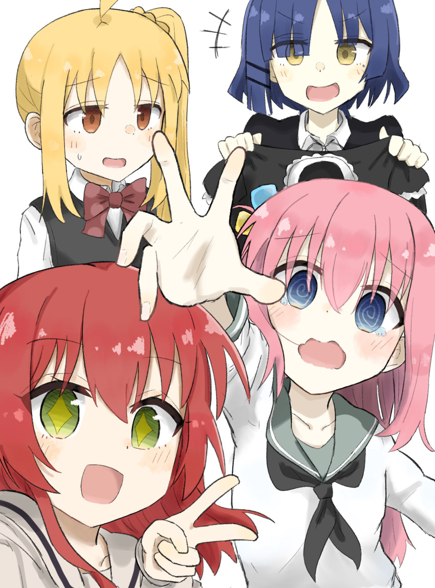 >:), +_+, 4girls, :d, @_@, ahoge, alternate_costume, black_dress