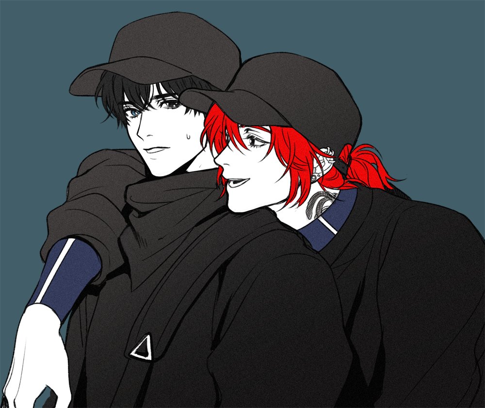 2boys, arm_around_shoulder, baseball_cap, black_hair, black_headwear, black_shirt, blue_background, commentary_request