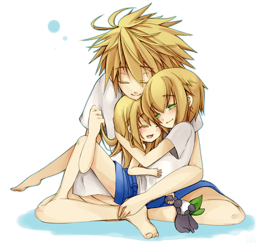 blazblue, blonde_hair, child, closed_eyes, dress, green_eyes, happy, hug, jin_kisaragi, long_hair, ragna_the_bloodedge, saya, saya_(blazblue), short, short_hair, shorts, siblings, smile, stuffed_animal, stuffed_toy, udukinoko, uzukinoko