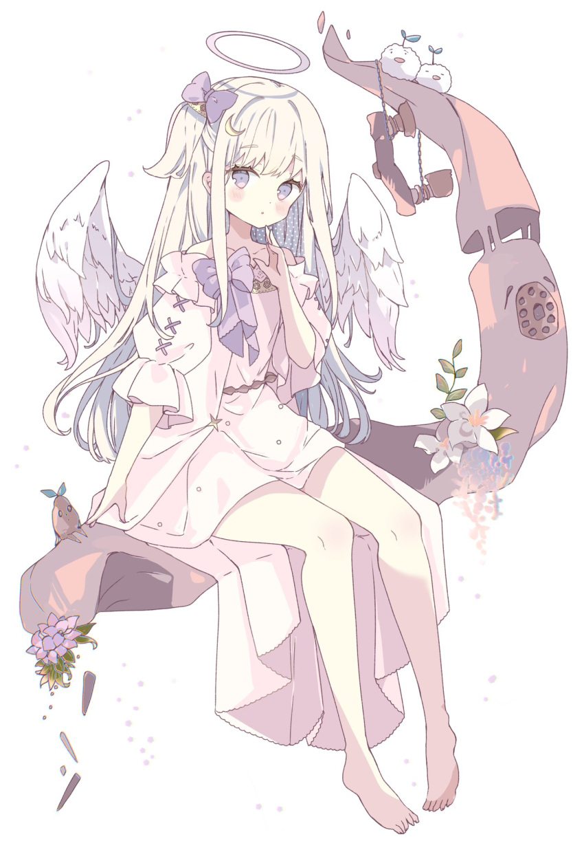 angel, angel_wings, antique_telephone, bare_legs, bare_shoulders, barefoot, bow, branch
