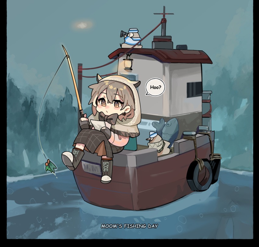 1girl, animal, berry, binoculars, boat, brown_capelet, brown_cloak, brown_eyes