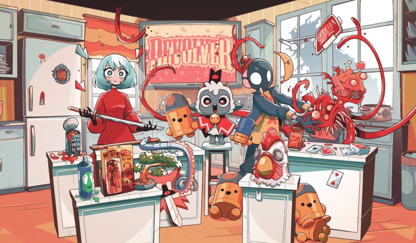 2boys, 2girls, absurdres, alien, beans, bird, blue_hair, box