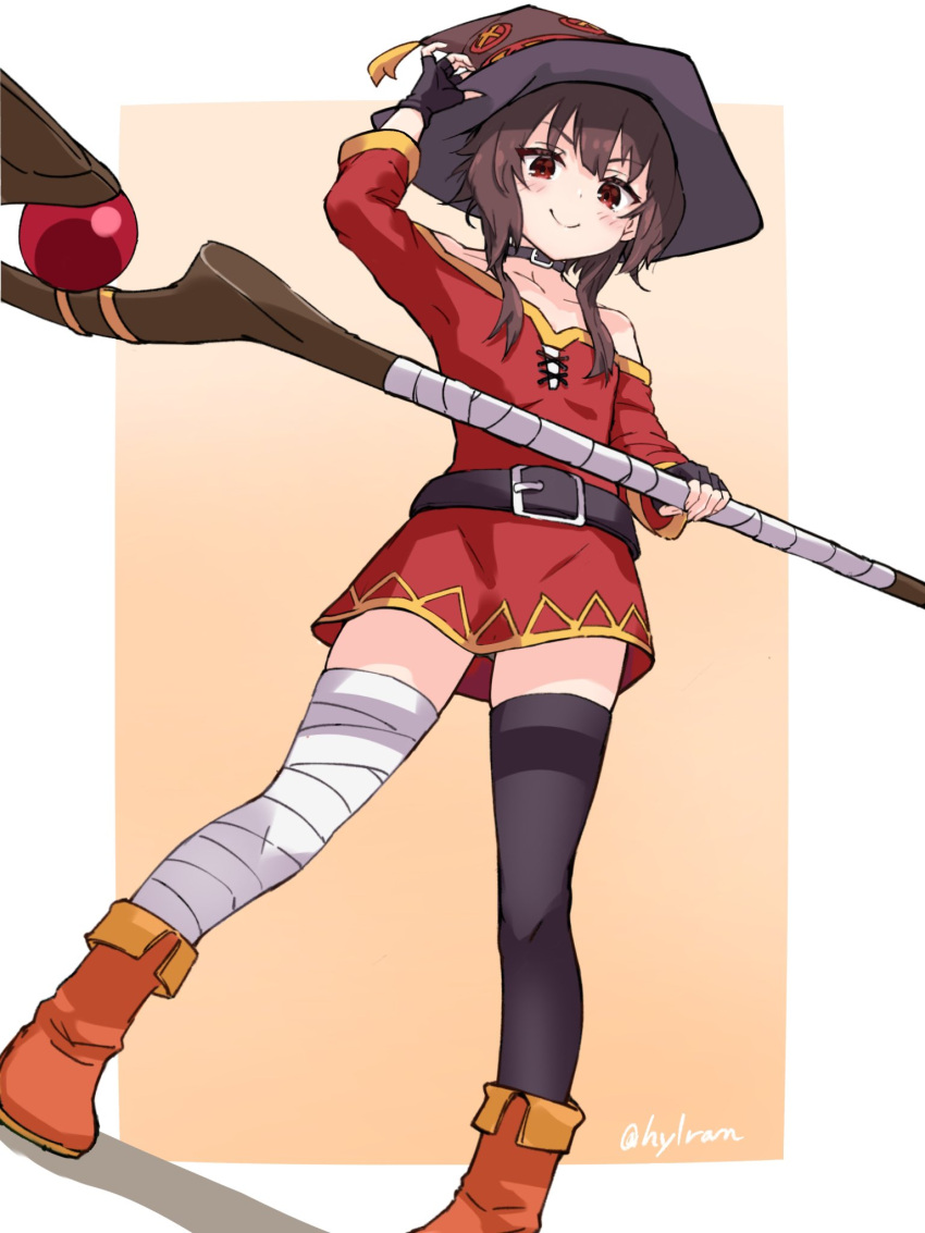 1girl, asymmetrical_legwear, bandaged_leg, bandages, bare_shoulders, belt, black_thighhighs, choker, dress, fingerless_gloves, gloves, hat, highres, holding, holding_staff, hylran0427, kono_subarashii_sekai_ni_shukufuku_wo!, megumin, mismatched_legwear, red_dress, red_eyes, short_hair_with_long_locks, single_thighhigh, solo, staff, thigh-highs, witch_hat