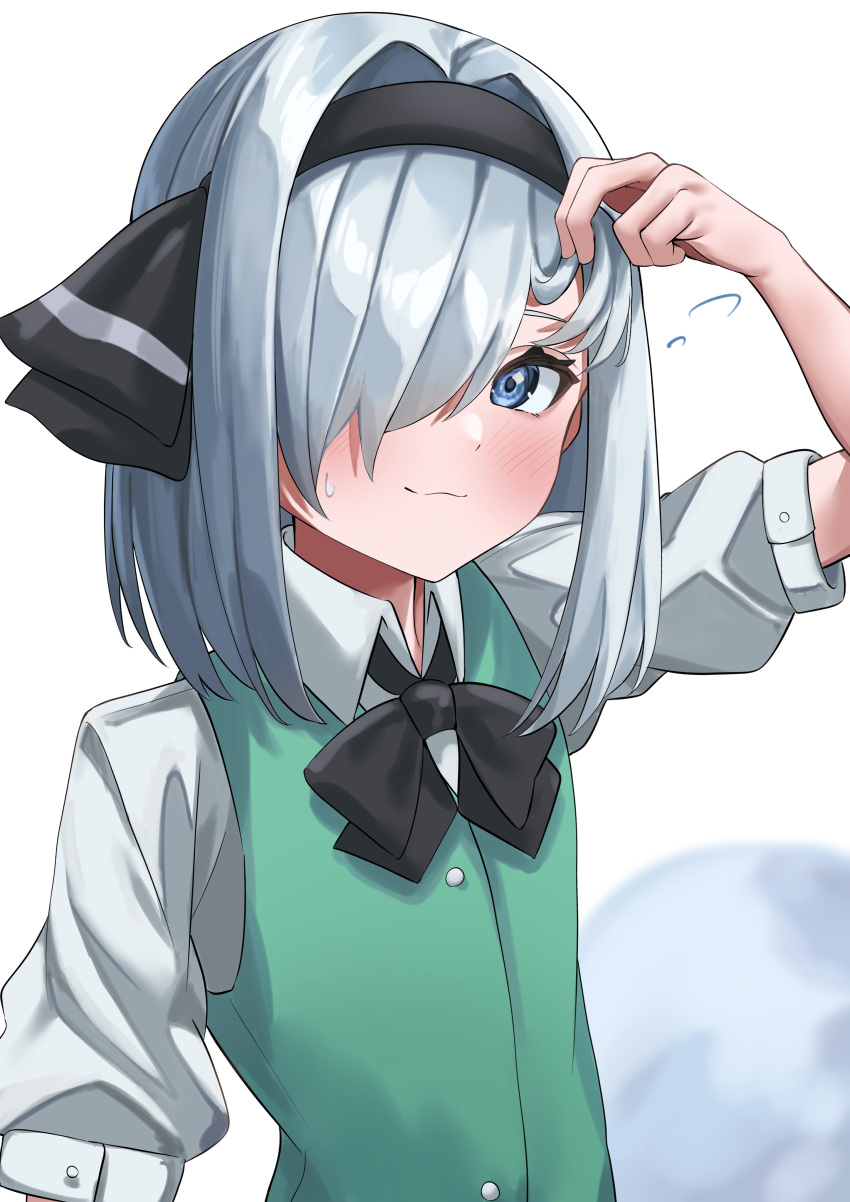 1girl, absurdres, arm_up, black_bow, black_bowtie, black_hairband, black_ribbon, blue_eyes