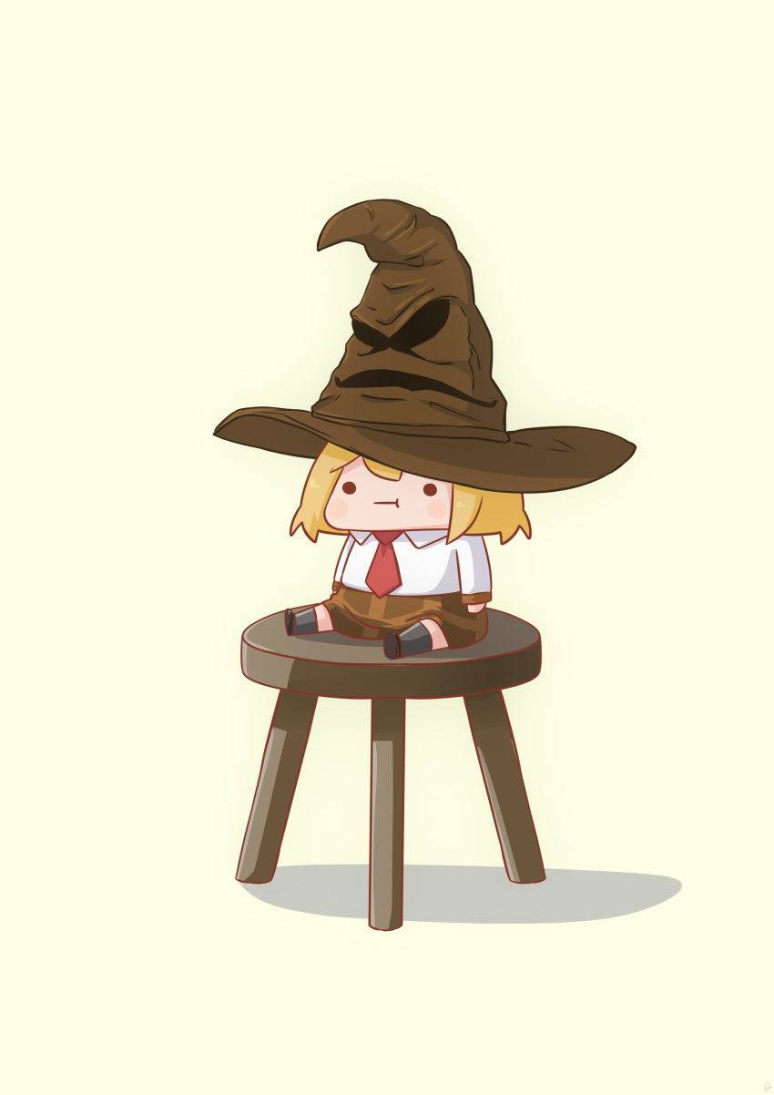 1girl, absurdres, blonde_hair, brown_skirt, chibi, commentary, full_body, grey_socks, harry_potter_(series), highres, hogwarts_legacy, hololive, hololive_english, necktie, phdpigeon, plaid, plaid_skirt, pout, red_necktie, shirt, simple_background, sitting, skirt, smol_ame, socks, solid_circle_eyes, solo, sorting_hat, stool, watson_amelia, white_shirt, wizarding_world, yellow_background