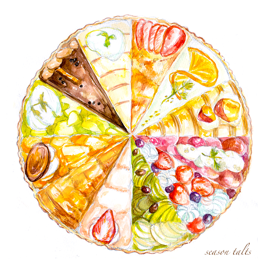 blueberry, chocolate, food, food_focus, fruit, fruit_tart, leaf, no_humans, original, painting_(medium), simple_background, still_life, strawberry, strawberry_slice, sumomomo, tart_(food), traditional_media, watercolor_(medium), white_background