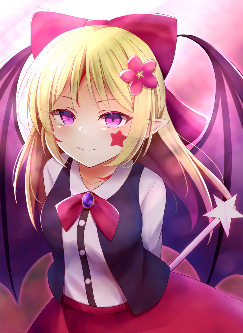 1girl, arms_behind_back, bat_wings, blonde_hair, bow, breasts, brooch, closed_mouth, collarbone, elis_(touhou), flower, from_above, hair_flower, hair_ornament, highres, jewelry, long_hair, looking_at_viewer, medium_breasts, natsu_(927013), outer_glow, pink_eyes, pointy_ears, red_bow, red_skirt, shirt, skirt, smile, solo, star_(symbol), star_print, touhou, touhou_(pc-98), upper_body, vest, wand, white_shirt, wing_collar, wings