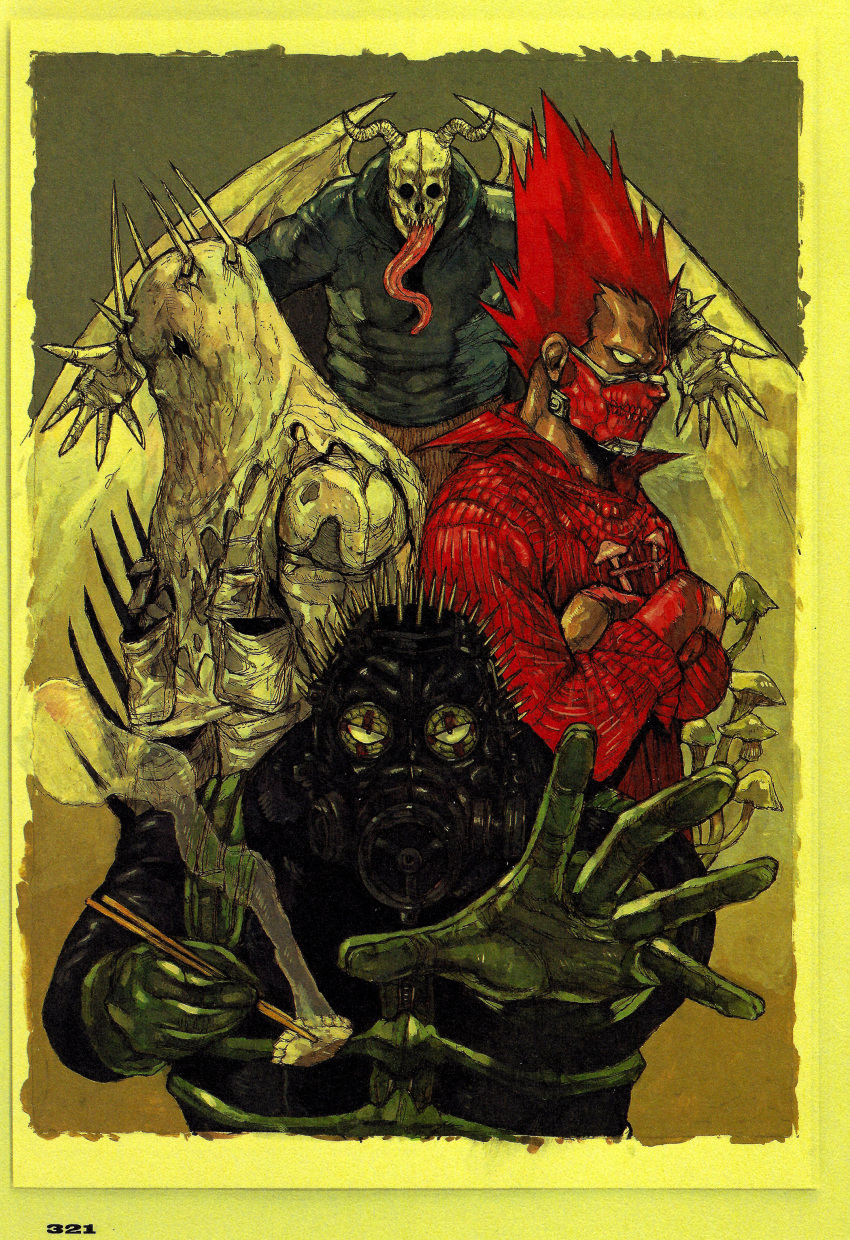 absurdres, black_jacket, caiman_(dorohedoro), chidaruma, chopsticks, crossed_arms, demon_horns, dorohedoro