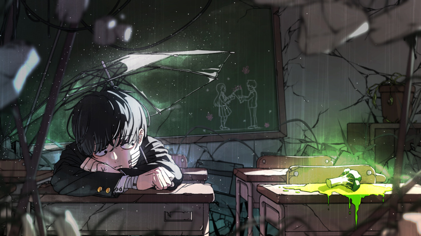 1boy, aya_shiro423, bandages, black_eyes, black_hair, blurry, blurry_foreground, broccoli, chair, chalkboard, crack, desk, dripping, gakuran, highres, indoors, kageyama_shigeo, long_sleeves, mob_psycho_100, school_desk, school_uniform, short_hair, solo, takane_tsubomi, transparent, transparent_umbrella, umbrella