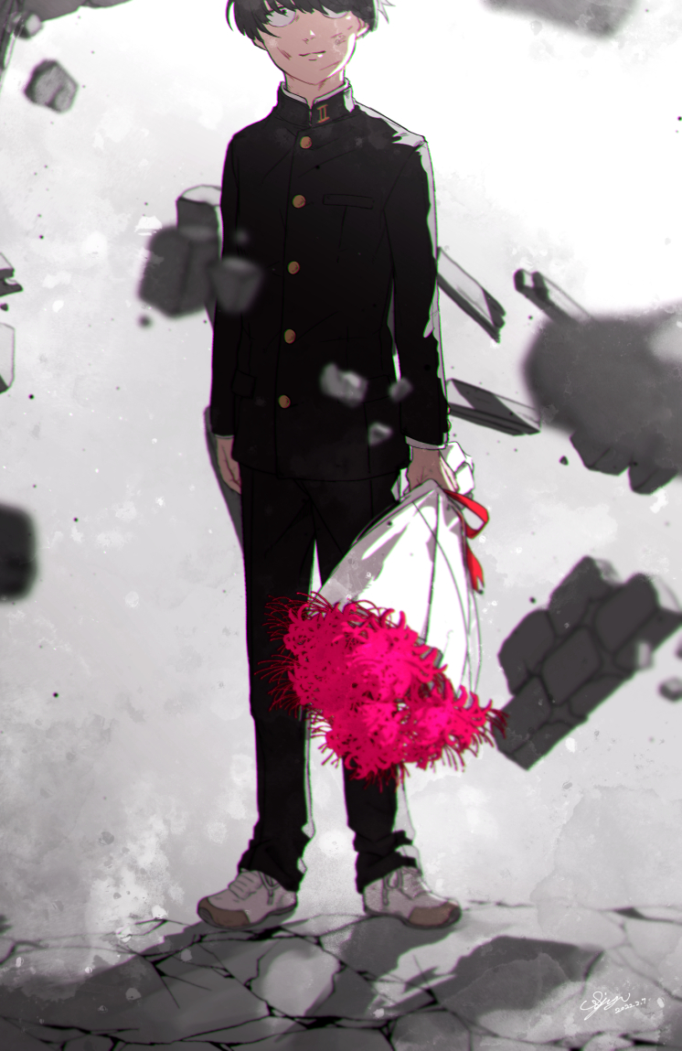 1boy, artist_name, aya_shiro423, black_hair, black_pants, bouquet, crack, dated