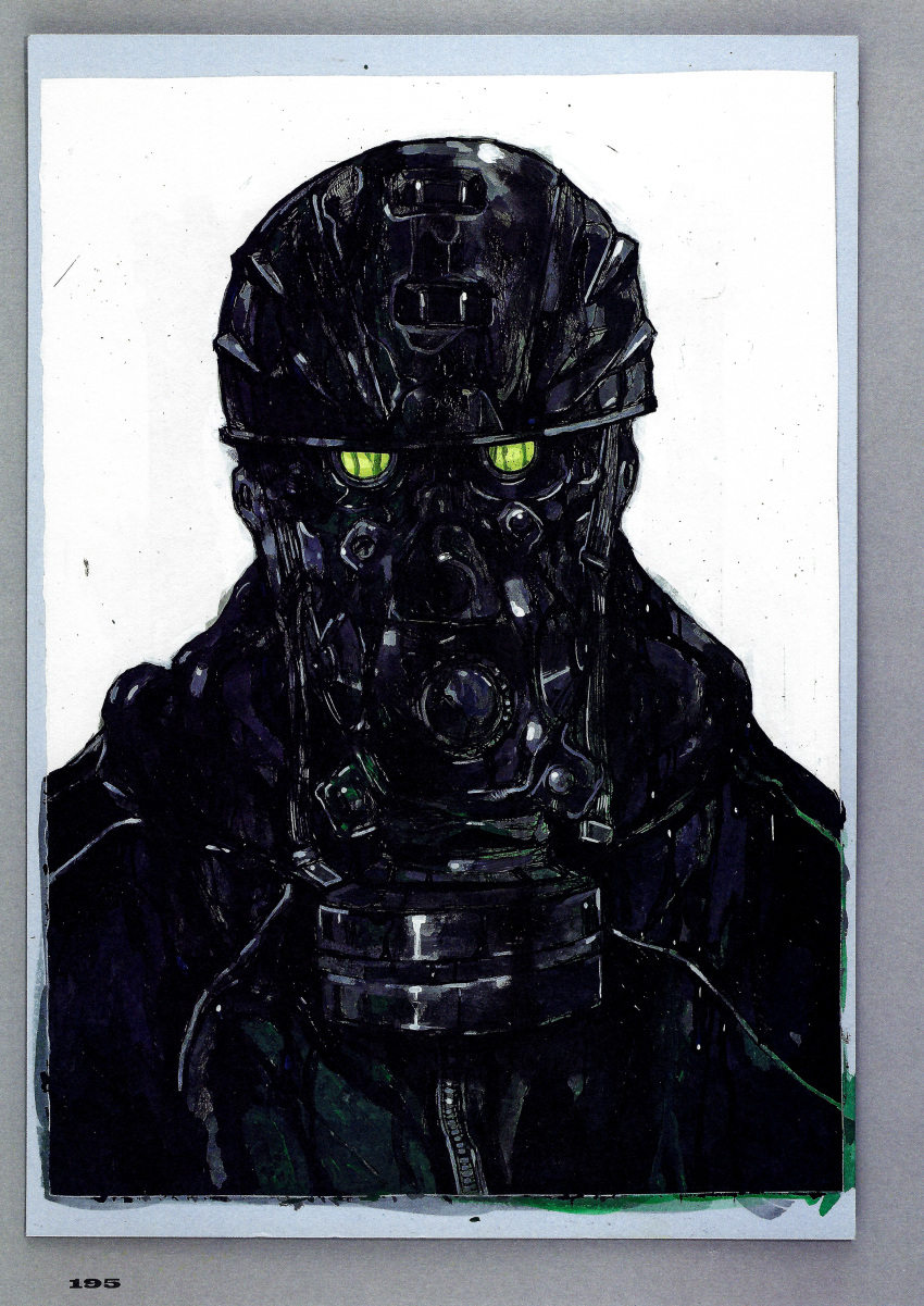1boy, absurdres, aikawa_(dorohedoro), black_jacket, dorohedoro, gas_mask, green_eyes, highres, jacket, mask, non-web_source, q._hayashida, white_background