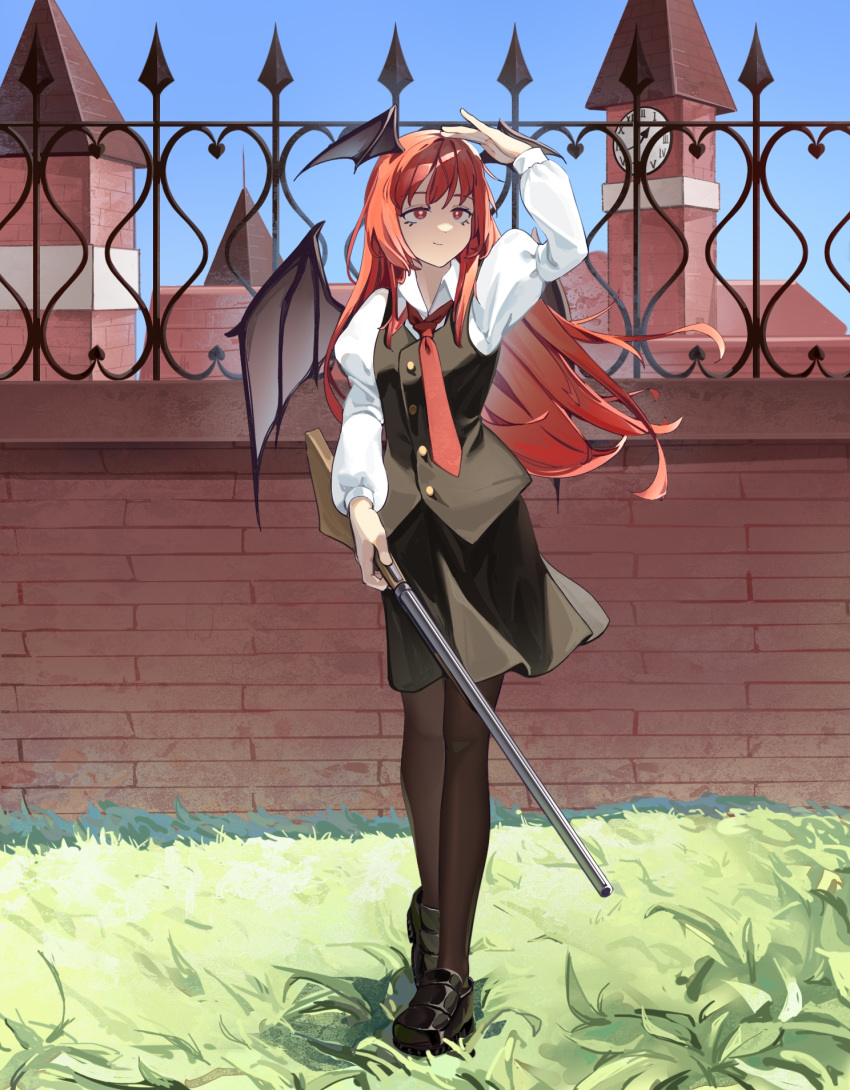 1girl, arm_up, bat_wings, black_skirt, black_vest, breasts, brick_wall, bright_pupils