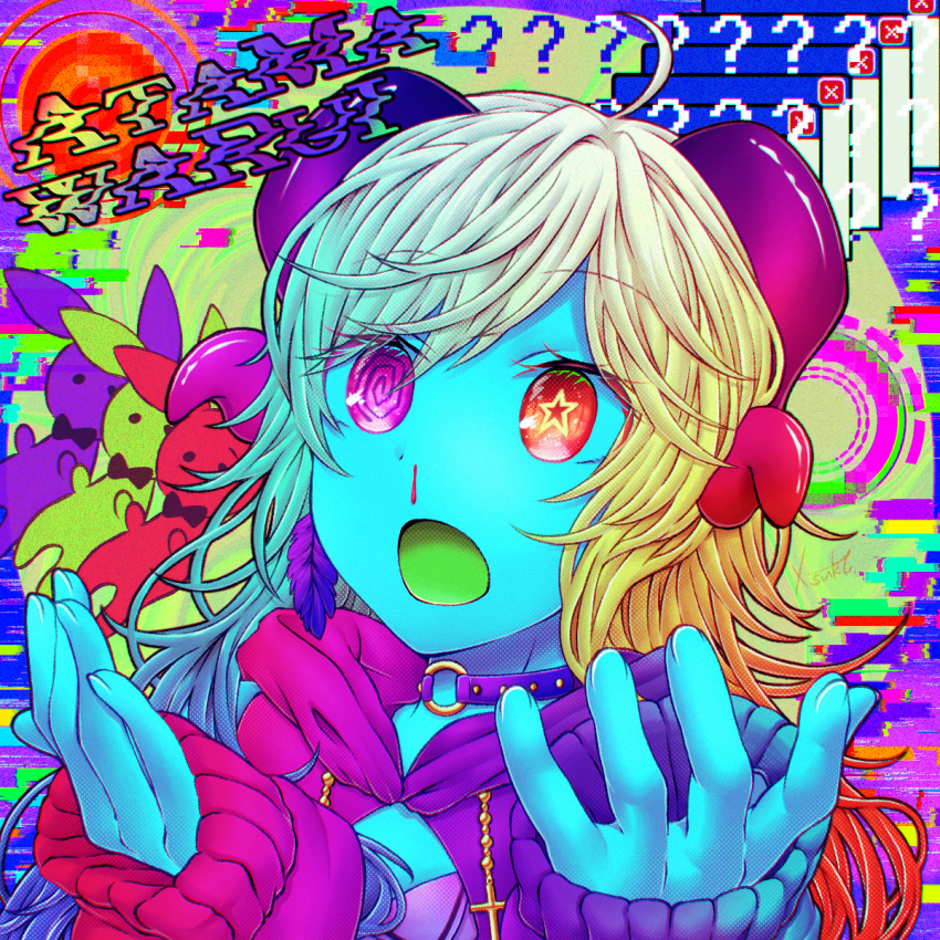 1girl, ?, @_@, ahoge, album_cover, blonde_hair, blood, blue_skin, choker, colored_skin, colorful, cover, earrings, eyelashes, feather_earrings, feathers, glitch, gradient_hair, hardcore_tano_c, heterochromia, highres, jewelry, laur, long_hair, multicolored_hair, nosebleed, open_mouth, rapunzelholic, romaji_text, sleeves_past_wrists, solo, song_name, star_(symbol), star_in_eye, stuffed_animal, stuffed_rabbit, stuffed_toy, surreal, symbol_in_eye, window_(computing)